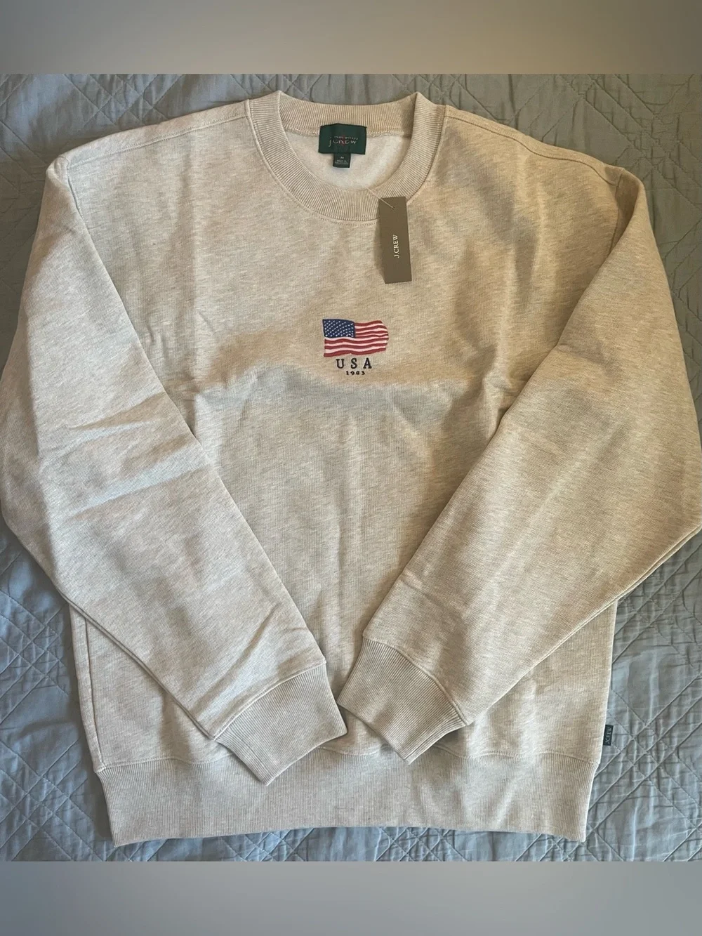 J. CREW '83 fleece sweatshirt with flag embroidery Heather Ecru Size M $98 CR210 - Picture 7 of 9